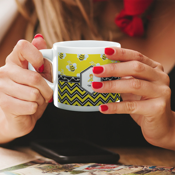 Buzzing Bee Espresso Cup - 6oz (Double Shot) LIFESTYLE (Woman hands cropped)