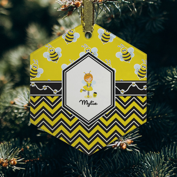 Buzzing Bee Frosted Glass Ornament - Hexagon (Lifestyle)