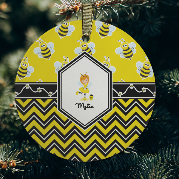 Buzzing Bee Frosted Glass Ornament - Round (Lifestyle)