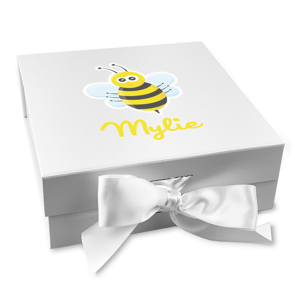 Custom Buzzing Bee Gift Box with Magnetic Lid - White (Personalized)