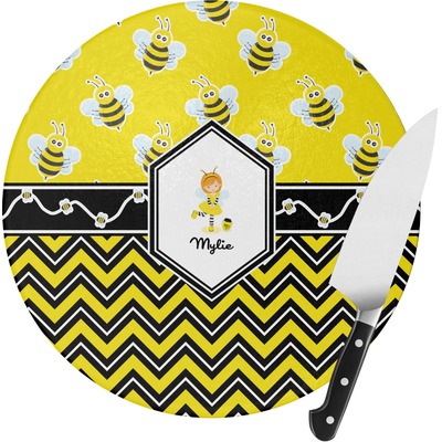 Buzzing Bee Round Glass Cutting Board - Medium (Personalized)