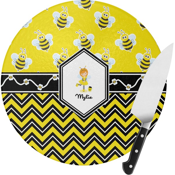 Custom Buzzing Bee Round Glass Cutting Board - Medium (Personalized)