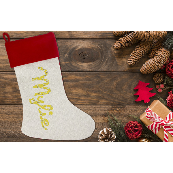 Buzzing Bee Linen Stocking w/Red Cuff - Flat Lay (LIFESTYLE)