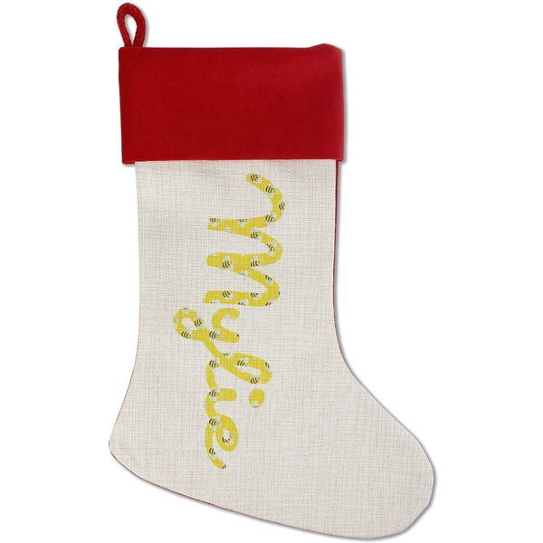 Custom Buzzing Bee Red Linen Stocking (Personalized)