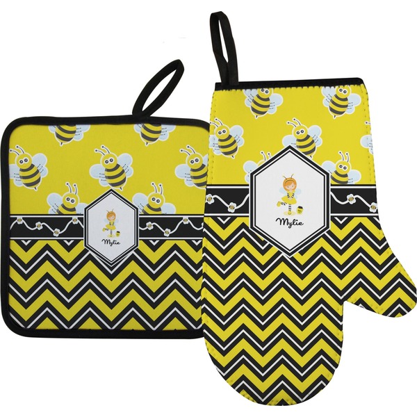 Custom Buzzing Bee Right Oven Mitt & Pot Holder Set w/ Name or Text