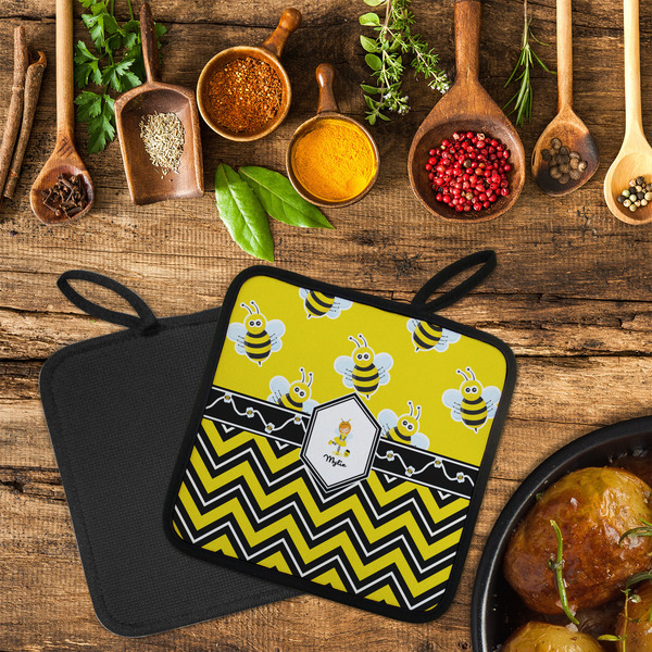 Buzzing Bee Neoprene Pot Holder - Set of 2  LIFESTYLE (Flatlay)