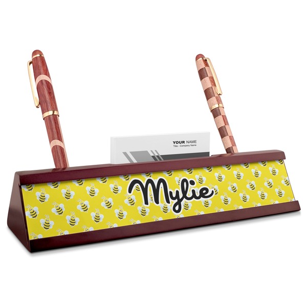 Custom Buzzing Bee Red Mahogany Nameplate with Business Card Holder (Personalized)