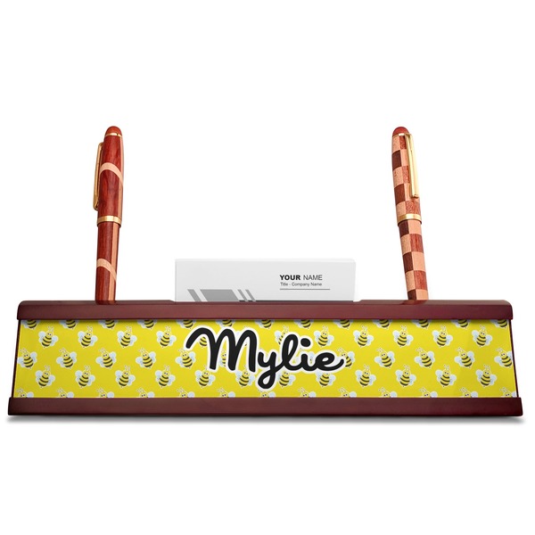 Buzzing Bee Red Mahogany Nameplates with Business Card Holder - Straight