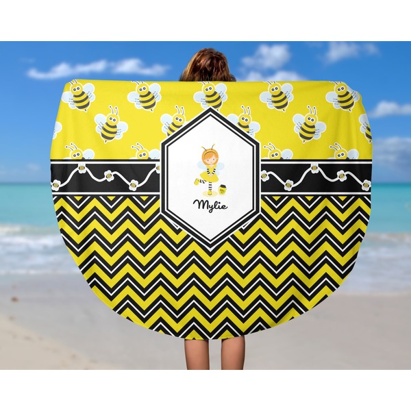 Buzzing Bee Round Beach Towel - In Use