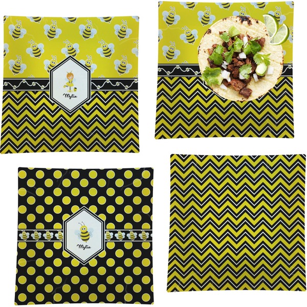 Custom Buzzing Bee Set of 4 Glass Square Lunch / Dinner Plate 9.5" (Personalized)