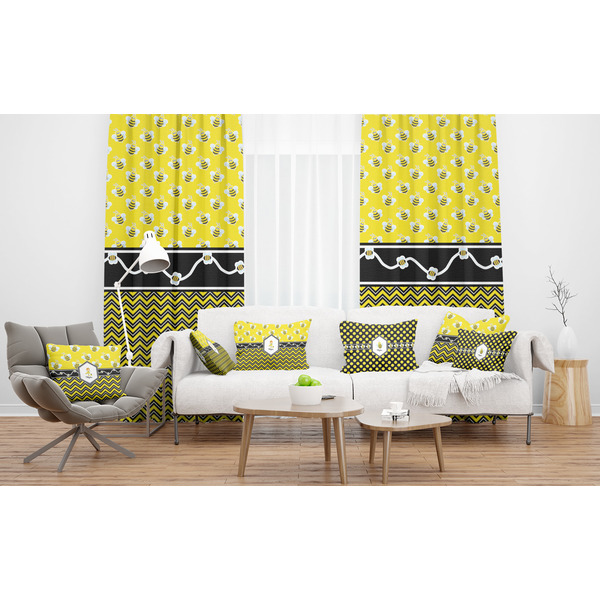 Buzzing Bee Sheer and Custom Curtains in Room with Matching Pillows