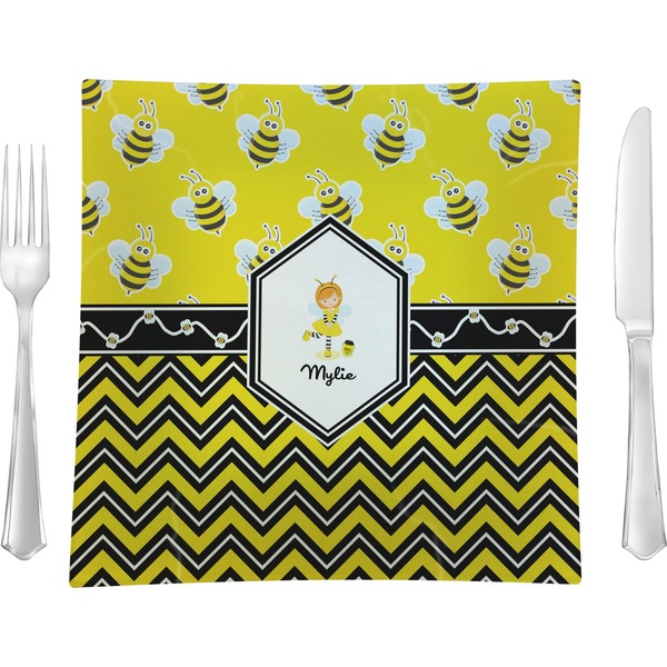 Custom Buzzing Bee 9.5" Glass Square Lunch / Dinner Plate- Single or Set of 4 (Personalized)