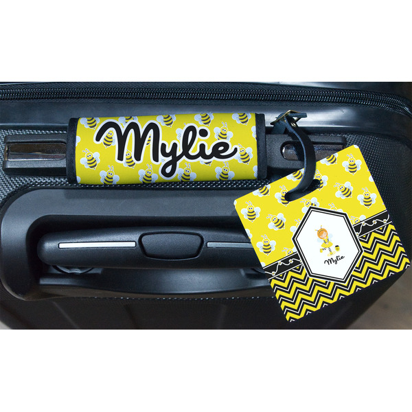 Buzzing Bee Square Luggage Tag & Handle Wrap - In Context