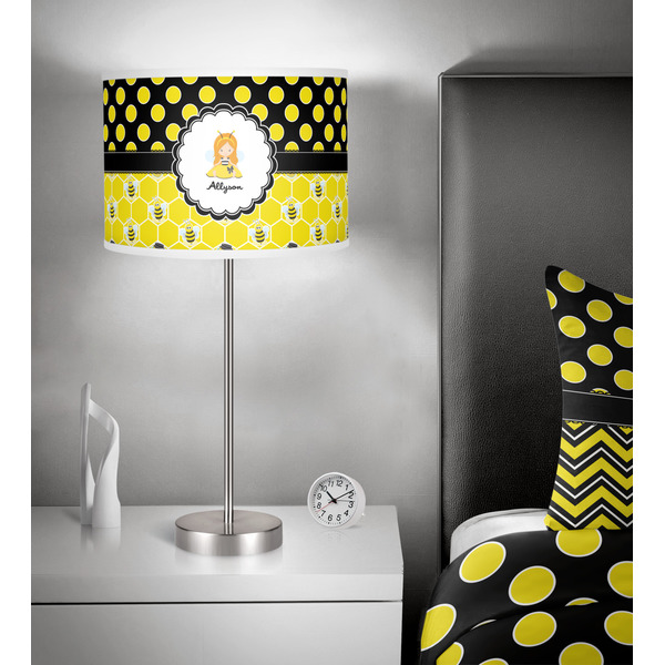 Honeycomb, Bees & Polka Dots 13 inch drum lamp shade - in room