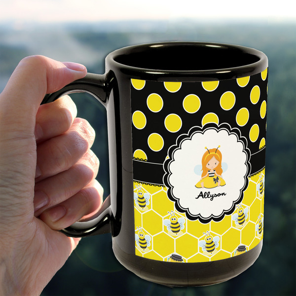 Honeycomb, Bees & Polka Dots 15oz. Black Mug - LIFESTYLE