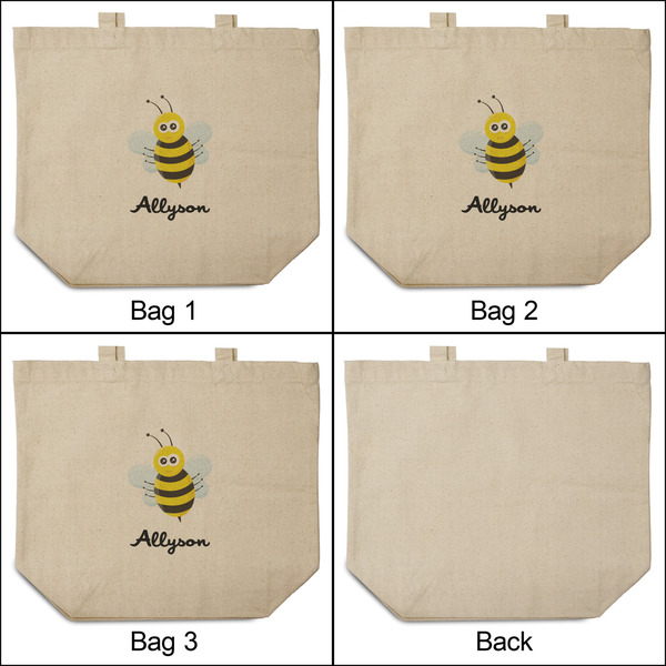 Honeycomb, Bees & Polka Dots 3 Reusable Cotton Grocery Bags - Front & Back View