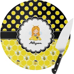 Honeycomb, Bees & Polka Dots Round Glass Cutting Board - Small (Personalized)