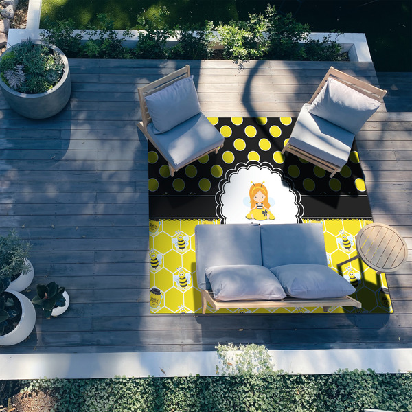 Honeycomb, Bees & Polka Dots 8'x10' Patio Rug - In context