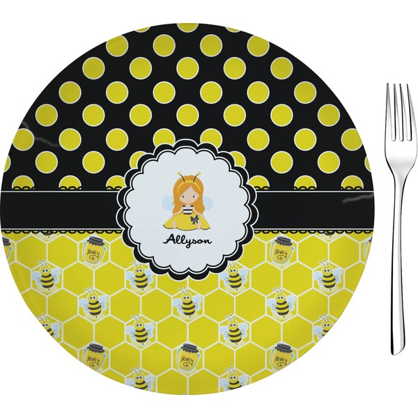 Custom Honeycomb, Bees & Polka Dots Glass Appetizer / Dessert Plate 8" (Personalized)