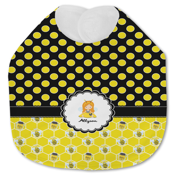 Custom Honeycomb, Bees & Polka Dots Jersey Knit Baby Bib w/ Name or Text