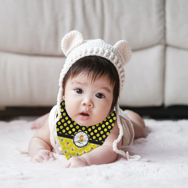 Honeycomb, Bees & Polka Dots Bandana Bib - (Lifestyle 2 girl)