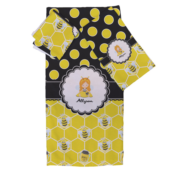 Custom Honeycomb, Bees & Polka Dots Bath Towel Set - 3 Pcs (Personalized)