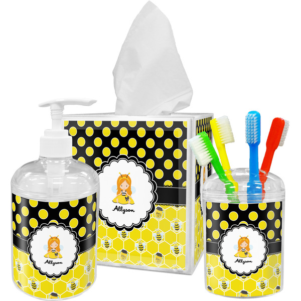 Custom Honeycomb, Bees & Polka Dots Acrylic Bathroom Accessories Set w/ Name or Text