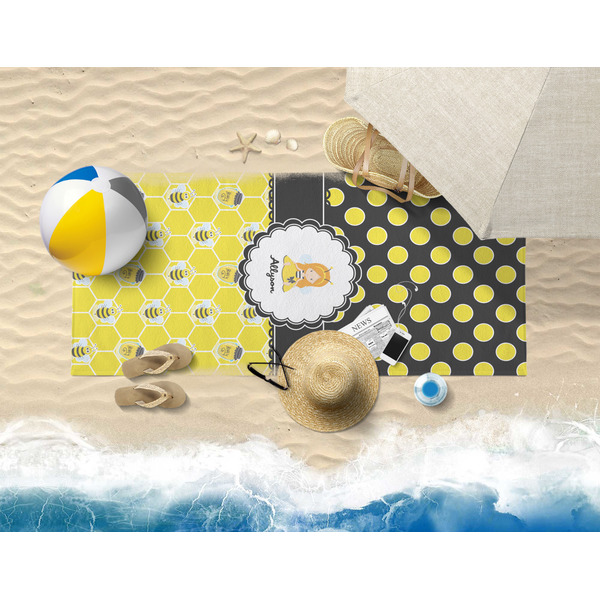 Honeycomb, Bees & Polka Dots Beach Towel Lifestyle