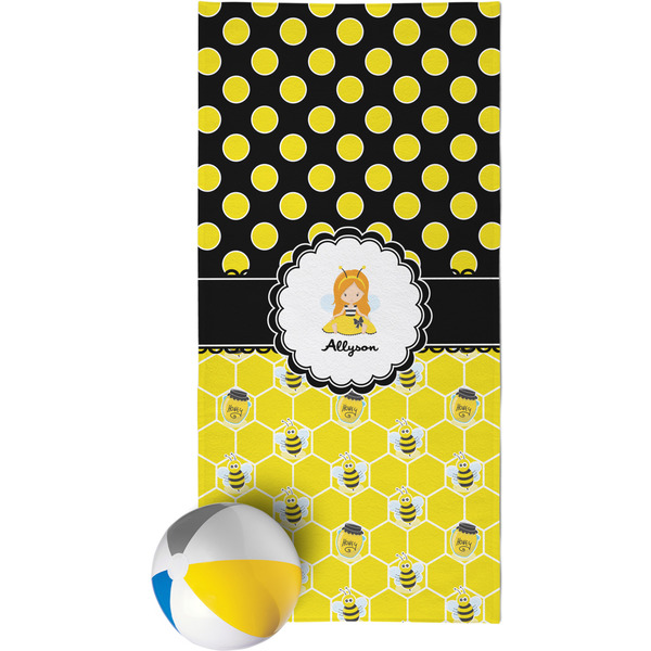 Custom Honeycomb, Bees & Polka Dots Beach Towel (Personalized)