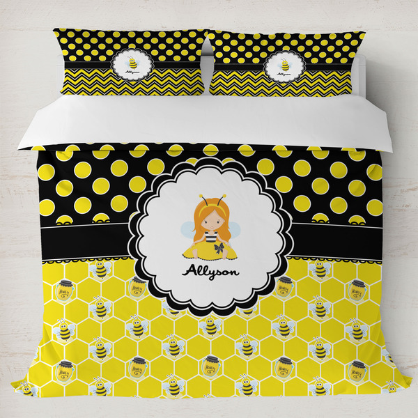 Custom Honeycomb, Bees & Polka Dots Duvet Cover Set - King (Personalized)