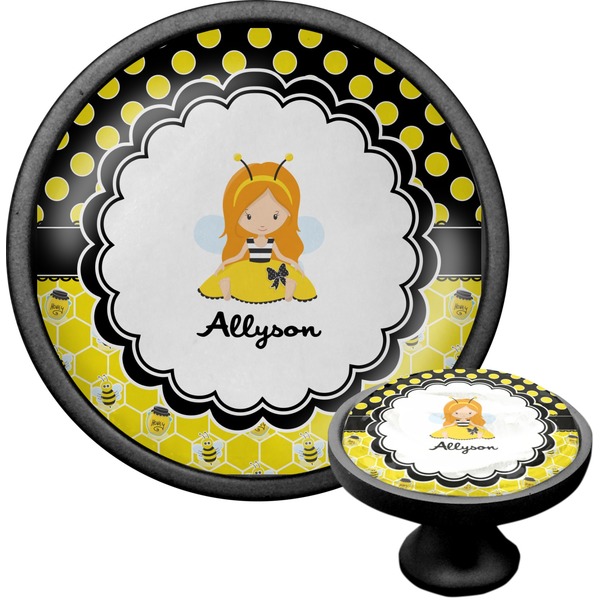 Custom Honeycomb, Bees & Polka Dots Cabinet Knob (Black) (Personalized)
