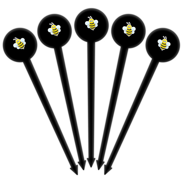 Honeycomb, Bees & Polka Dots Black Plastic 6" Food Pick - Round - Fan View