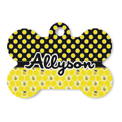 Honeycomb, Bees & Polka Dots Bone Shaped Dog ID Tag (Personalized)