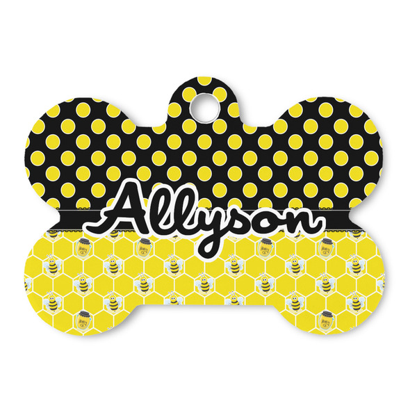 Custom Honeycomb, Bees & Polka Dots Bone Shaped Dog ID Tag - Large (Personalized)