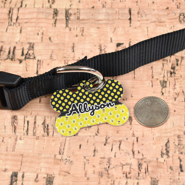 Honeycomb, Bees & Polka Dots Bone Shaped Dog ID Tag - Large - In Context