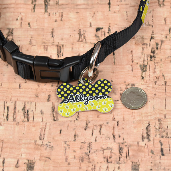 Honeycomb, Bees & Polka Dots Bone Shaped Dog ID Tag - Small - In Context