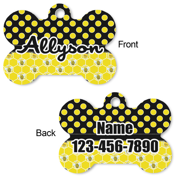 Honeycomb, Bees & Polka Dots Bone Shaped Dog Tag - Front & Back