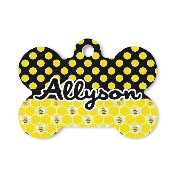 Custom Honeycomb, Bees & Polka Dots Bone Shaped Dog ID Tag - Small (Personalized)