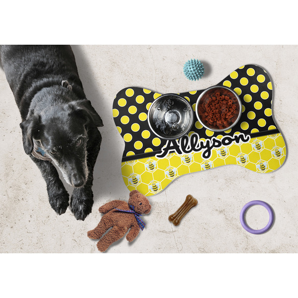 Honeycomb, Bees & Polka Dots Bone Shaped Mat w/ Food & Water