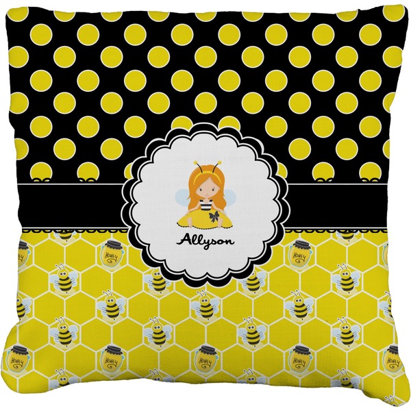 Custom Honeycomb, Bees & Polka Dots Faux-Linen Throw Pillow 16" (Personalized)