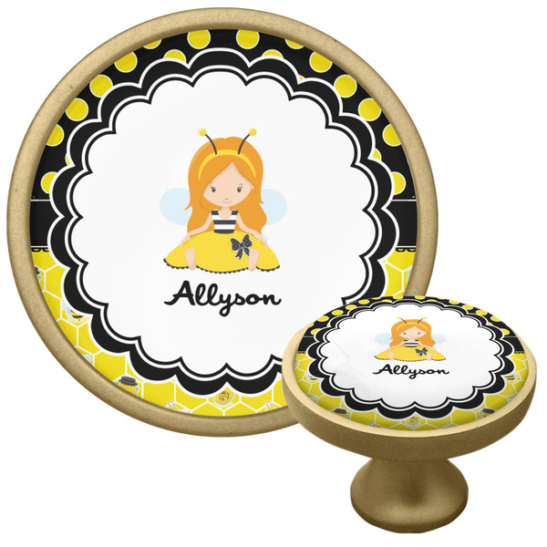 Custom Honeycomb, Bees & Polka Dots Cabinet Knob - Gold (Personalized)