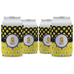 Honeycomb, Bees & Polka Dots Can Cooler (12 oz) - Set of 4 w/ Name or Text