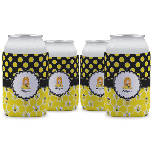 Custom Honeycomb, Bees & Polka Dots Can Cooler (12 oz) - Set of 4 w/ Name or Text