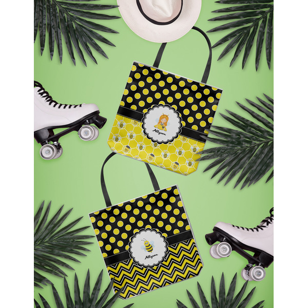 Honeycomb, Bees & Polka Dots Canvas Tote Lifestyle Front and Back- 13x13