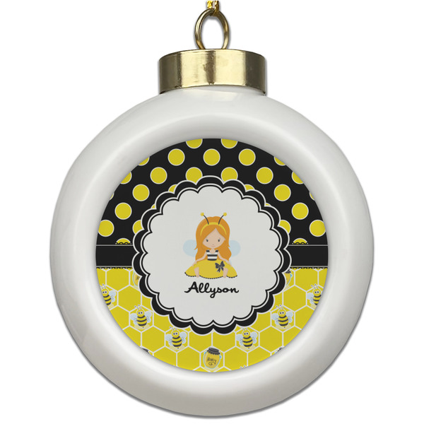 Custom Honeycomb, Bees & Polka Dots Ceramic Ball Ornament (Personalized)