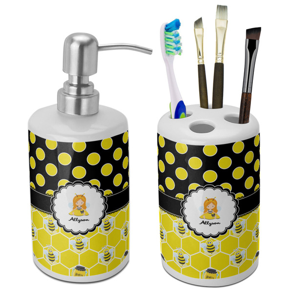 Custom Honeycomb, Bees & Polka Dots Ceramic Bathroom Accessories Set (Personalized)