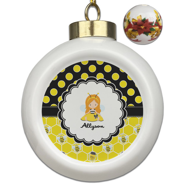 Custom Honeycomb, Bees & Polka Dots Ceramic Ball Ornaments - Poinsettia Garland (Personalized)