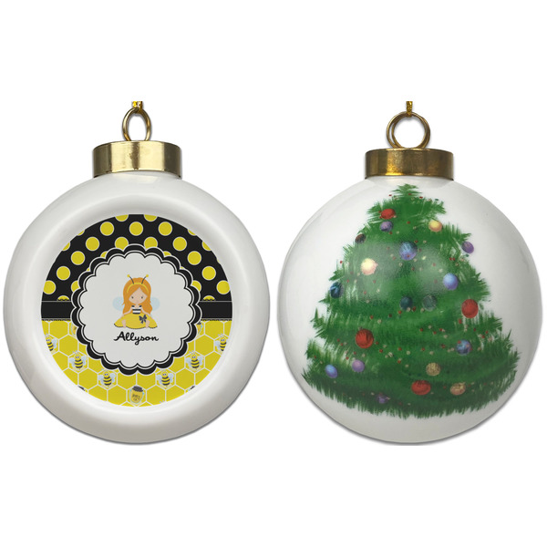 Honeycomb, Bees & Polka Dots Ceramic Christmas Ornament - X-Mas Tree (APPROVAL)
