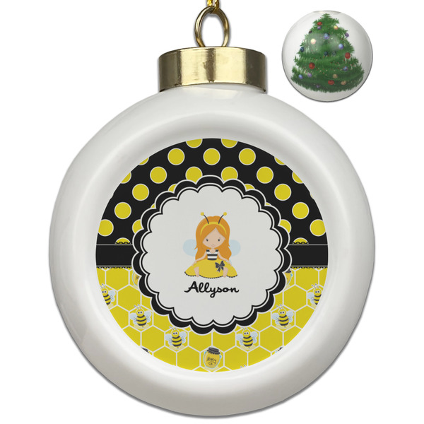 Custom Honeycomb, Bees & Polka Dots Ceramic Ball Ornament - Christmas Tree (Personalized)