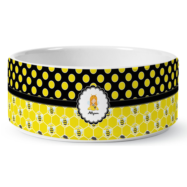 Honeycomb, Bees & Polka Dots Ceramic Dog Bowl - Medium - Front